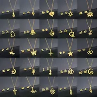 10 Pieces of Random Stainless Steel Gold Heart-Shaped Flower Cross Pendant Chain Necklace Earrings Women's Jewelry Set Wholesale