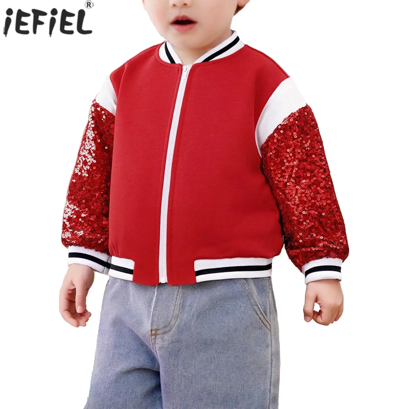 

Toddler Baby Girls Baseball Jacket Shiny Sequins Long Sleeves Zipper Bomber Coat Outerwear Infant Clothes Sports Casual Wear