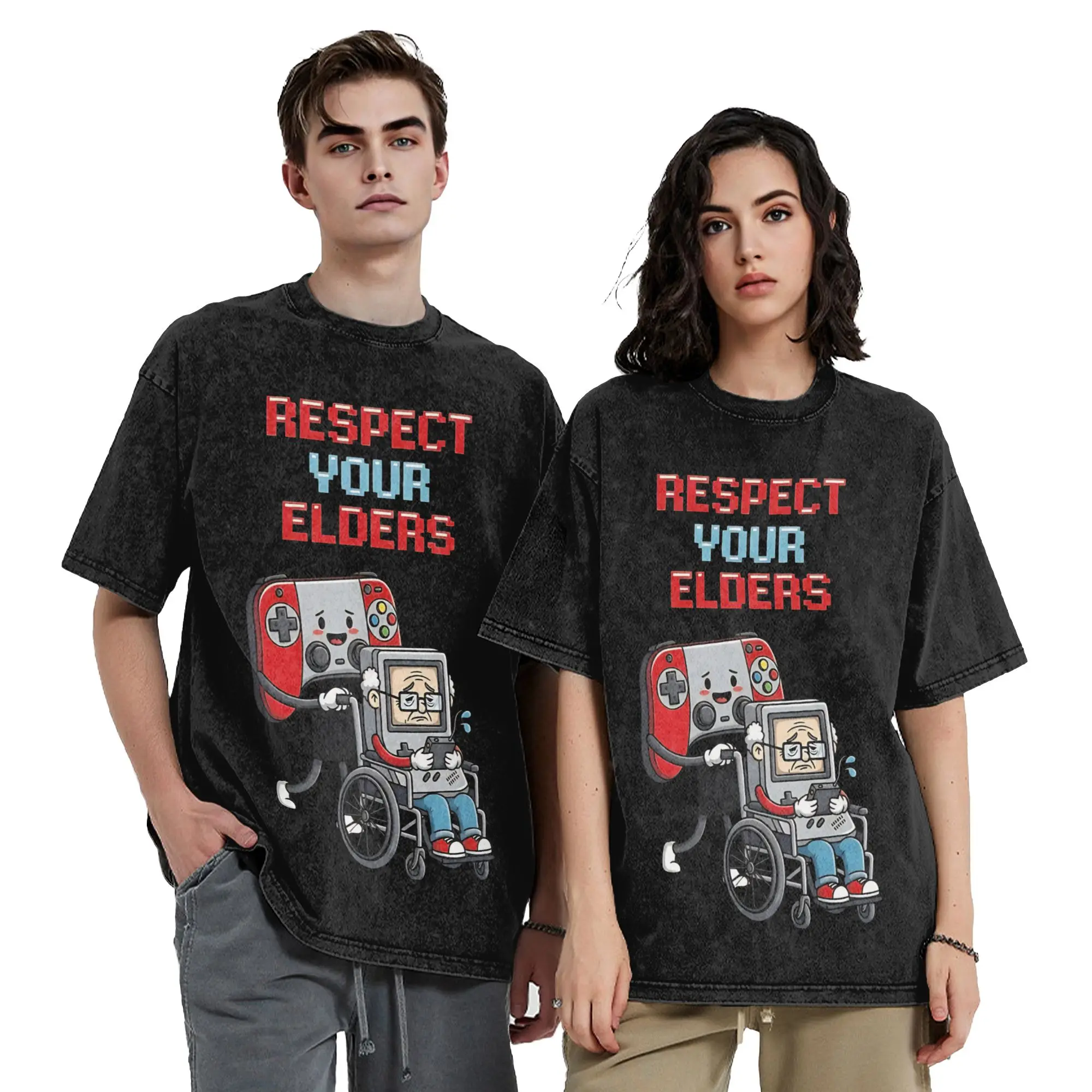 Respect Your Elders Retro Gaming Cartoon  Washed T Shirt Pure Cotton Casual T-Shirt Round Collar  Tees Short Sleeve Clothing