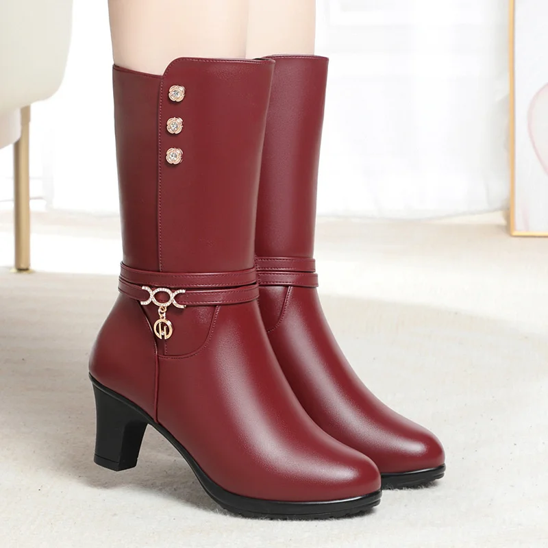 Winter Woman High-heeled Soft Leather Motorcycle Boots Thick Wool Soft Sole Plus Velvet Warm Riding Mid-calf Boot