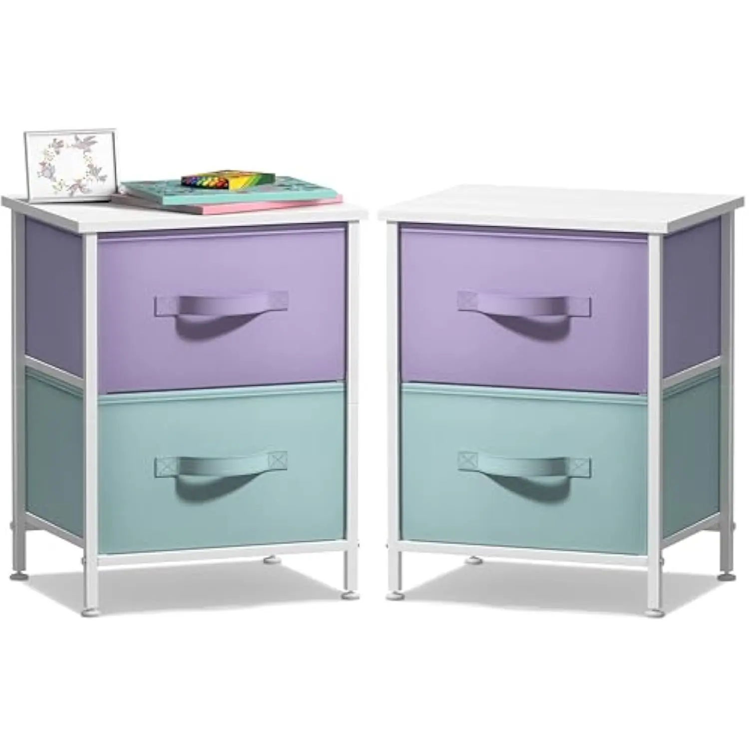 

Nightstand with 2 Drawers - Kids Bedside Furniture End Table Night Stand - Steel Frame, Wood Top & Easy Pull Fabric Bins - Dre