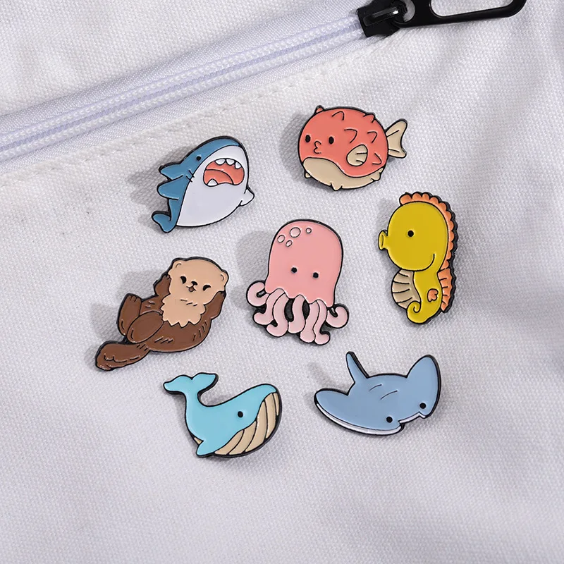 Cartoon Sea Creatures Series Brooch Cute Shark Whale Seahorse Metal Badge Accessory Pins wholesale Gift to friends