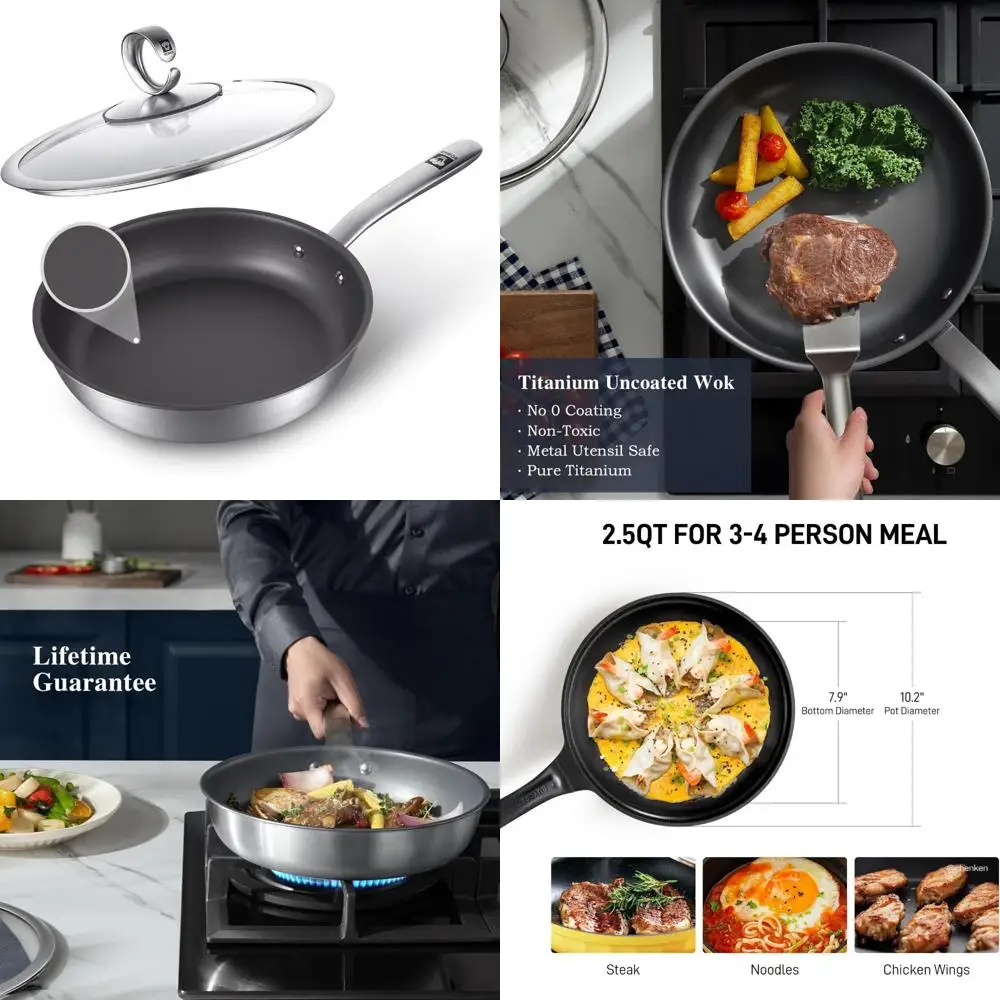 

11-дюймовая титановая сковорода с антипригарным покрытием с крышкой, можно мыть в посудомоечной машине и в духовке, основание из нержавеющей стали, индукционная сковорода, Unc