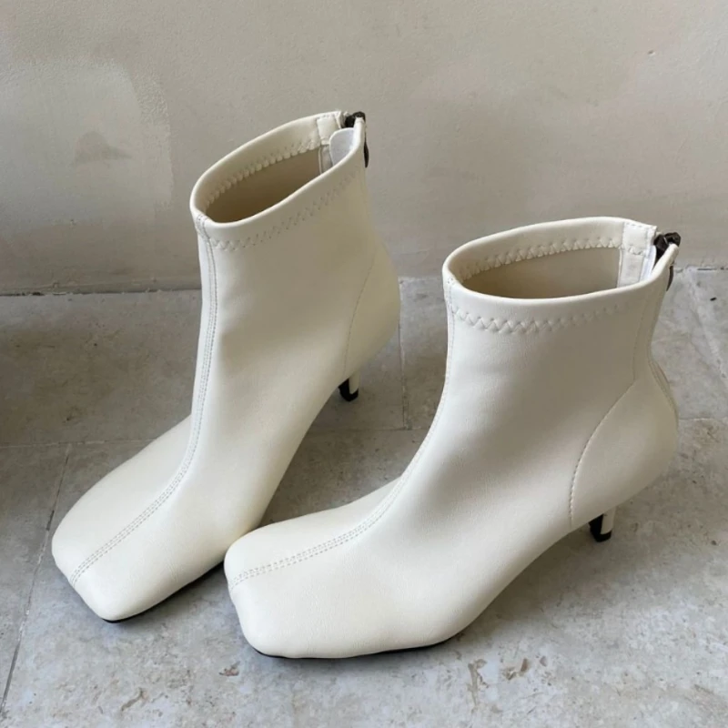 

Autumn New Soft Leather Kitten Heels Ankle Boots for Women Fashion Square Toe Stretch Boots Back Zipper Design Botas Mujer
