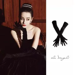 55CM Women Golden Velvet Gloves Long Autumn Winter Warm Black Evening Gloves Retro Style Banquet Accessories Elasticity