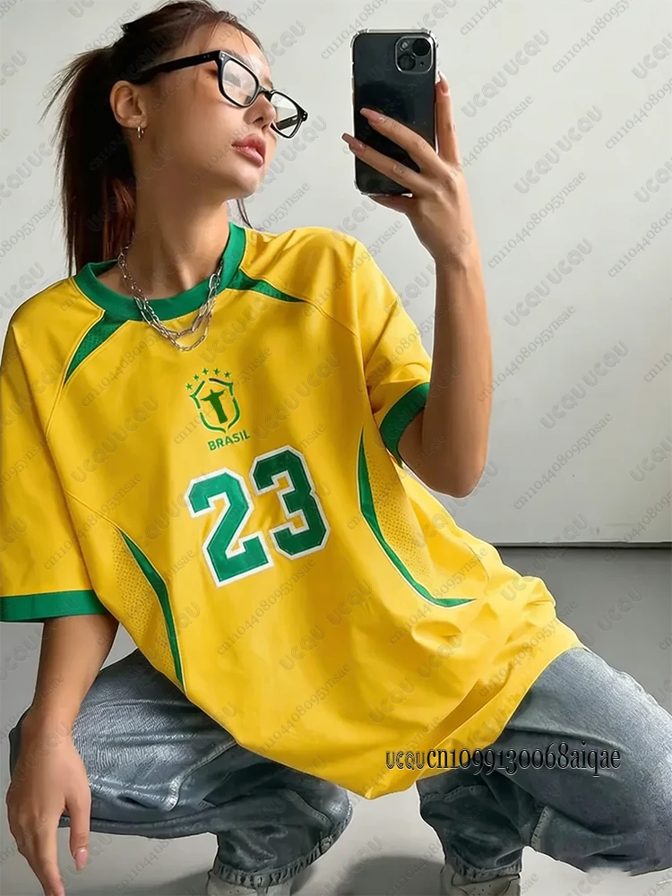 2026 Summer New Brazil T-shirt For Women O-Neck Patchwork Short Sleeve Crop Top Streetwear Sports Football Jersey Y2K Loose Tops