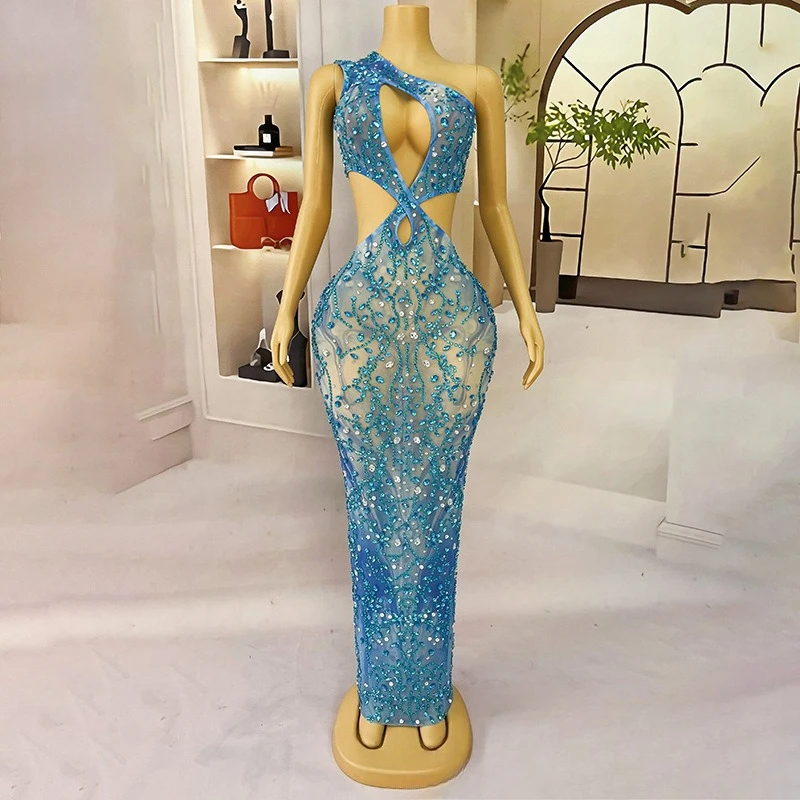 

Niche Peacock Blue Temperament Dress Sexy Cocktail Party Evening Dress Studio Exhibition Hall Model Catwalk Performance Clothes