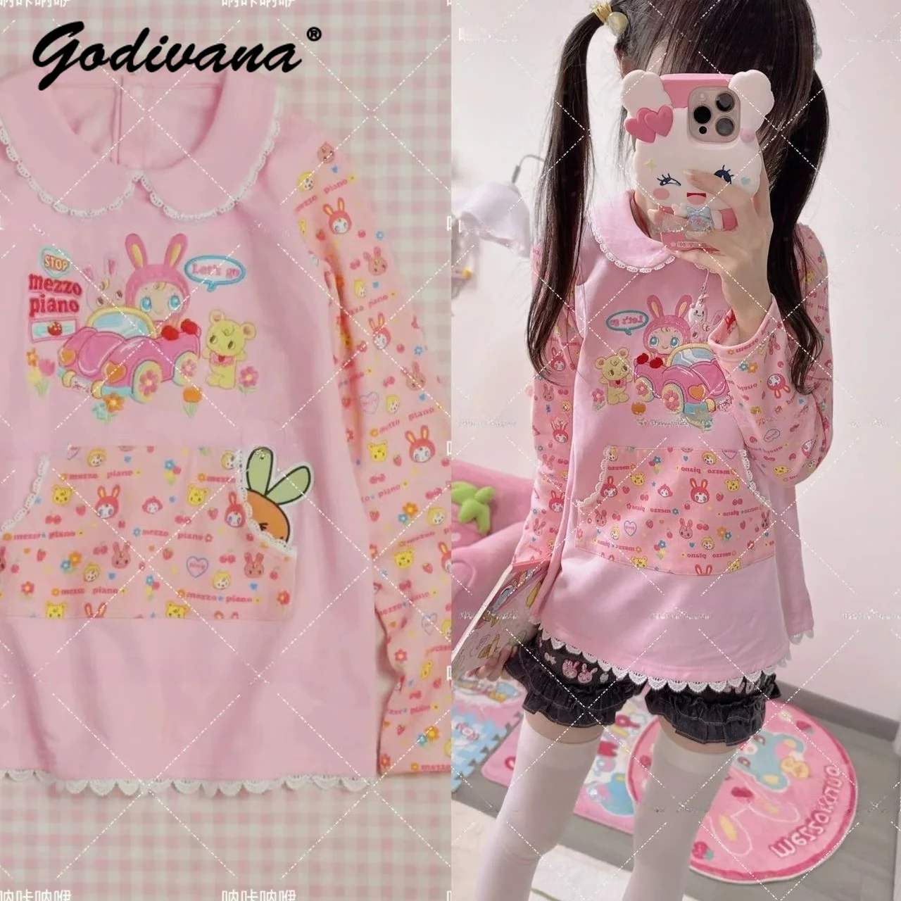 Japanese Kawaii Soft Girls Sweet Cute Cartoon Embroidred Long Sleeve Top New Spring Doll Collar Daughter Pink T-shirt Pullovers