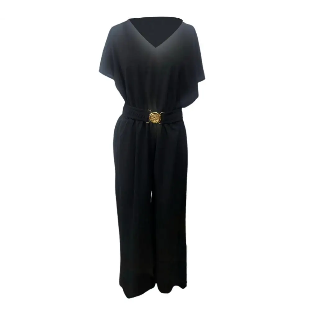 

Casual Wide-leg Jumpsuit Chic Women's V-neck Jumpsuit Stylish Short Sleeve Belted High Waist Wide Leg Ol Commute Summer Outfit