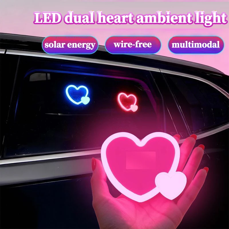 Solar Powered Car Neon Light Wireless Cute Heart Shaped Led Ambient Light Suction Cup USB Rechargeable Atmosphere Breathing Lamp