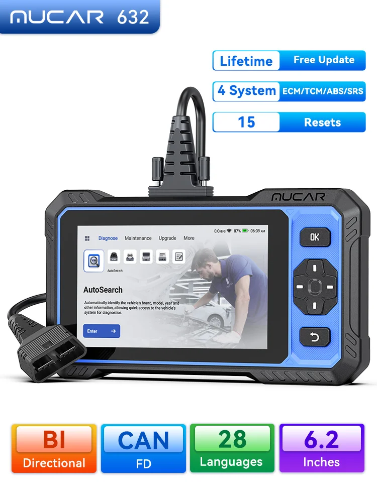 MUCAR 632 outil de Diagnostic OBD2 protocole CANFD bidirectionnel assisté par AI Diagnostic ECM/TCM/ABS/SRS 15 réinitialiser la mise à jour gratuite à vie