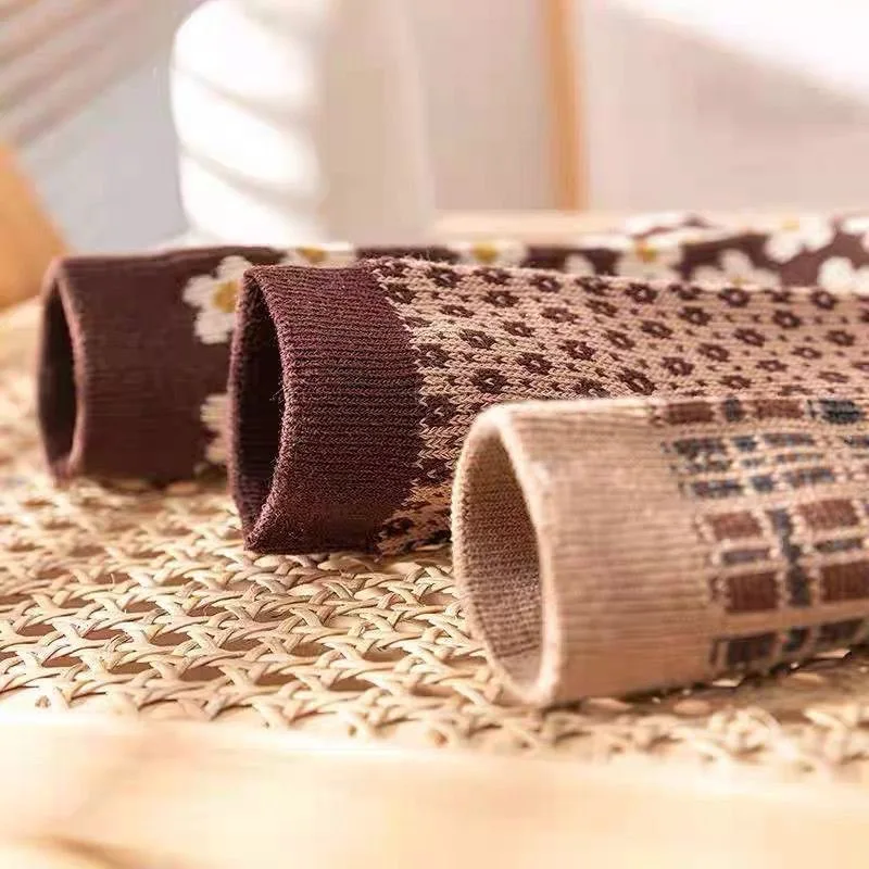6 pares retro estilo japonês malha meados de bezerro meias quentes retro meias escolares para meninas moda outono inverno meias com impressão