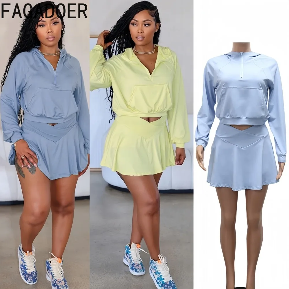 

FAGADOER Casual Pocket Patchwork 2 Pieces Set for Woman Outfits Solid Color Long Sleeve Hooded Crop Top +Skirt Female Streetwear