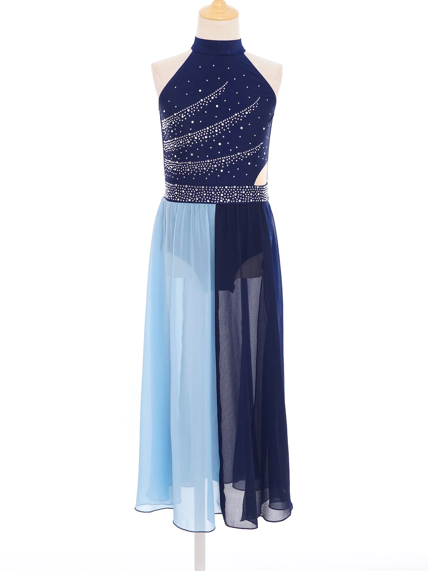 Girls Modern Lyrical Dance Performance Costume Sleeveless Rhinestones Side Split Chiffon Leotard Dress Ballet Contemporary Dance
