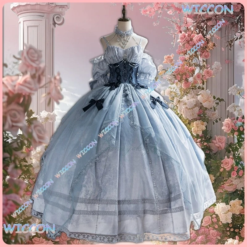 

Elegant Long Blue Dress CosRoom/Cinderella Evening Dress Skirt Lolita Dress Wedding Princess Costume Puffed Sleeves Carnival Hal