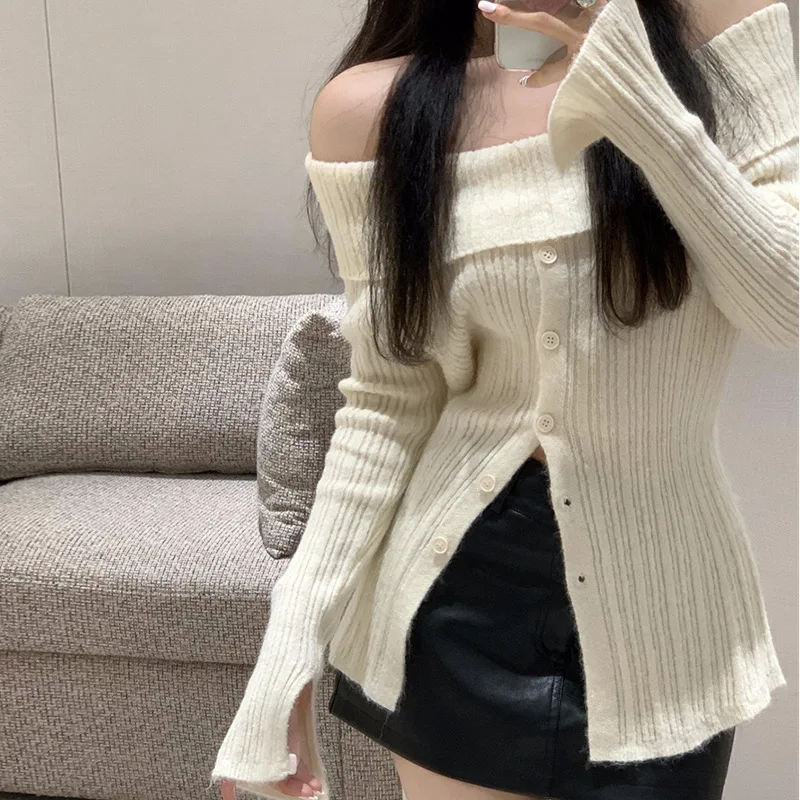 Millennium Hot Girl off-Shoulder Long-Sleeved Sweater Autumn Women Clothing New Sexy Slimming White Top Women's Design Sense