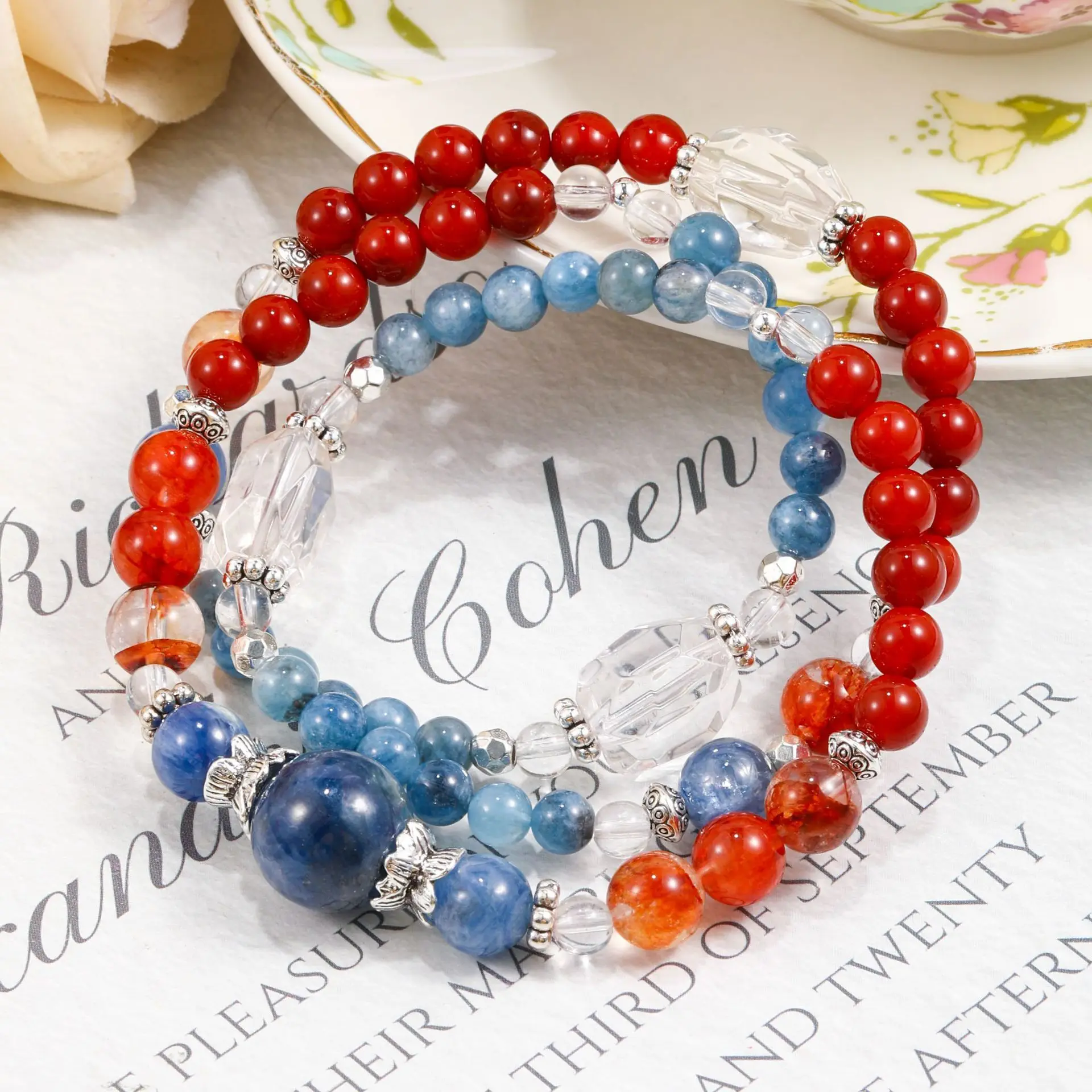 

Luxurious Exotic Style Natural Devil Ocean Treasure Red Gel Flower Blue Crystal Fashionable And Versatile Bracelet Lucky Hand S