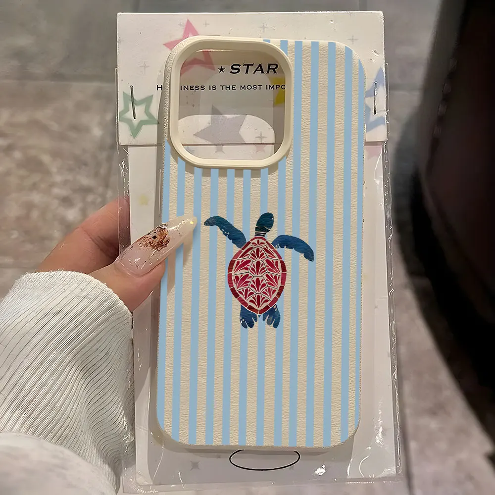 Чехол для телефона с милым рисунком морской черепахи в синюю полоску для iPhone 17, 16, 15, 14, 13, 12, 11 Pro Max, 17 Air, 15 Plus, X, Xs, XR, мягкий чехол с текстурой личи