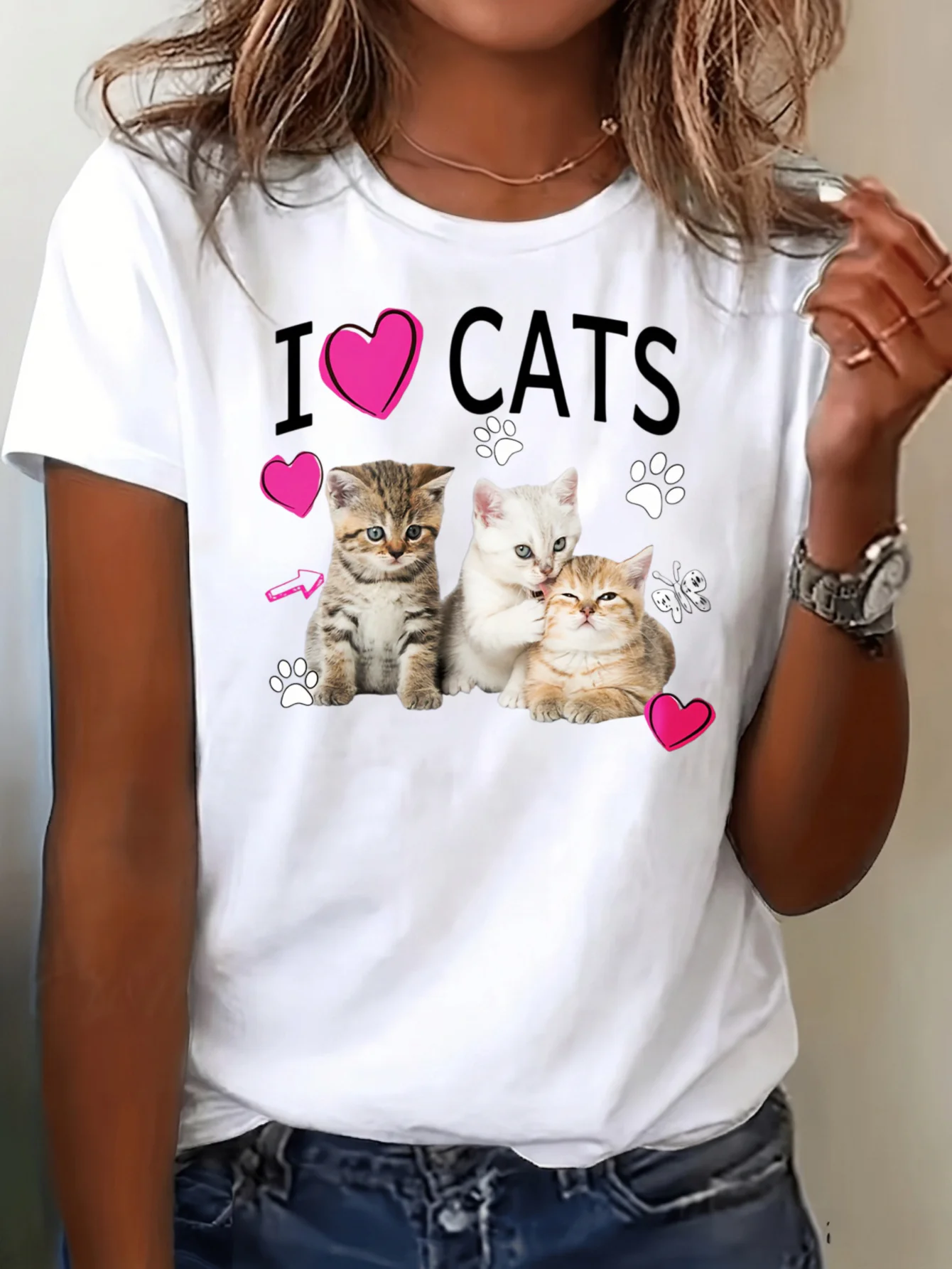 I Love Cats Cute Three Kittens Pink Heart Paw Print Graphic T-Shirt Cat Lover Tee, Classic Men'S Crew-Neck T-Shirt, Unisex; Made of Pure -Soft, Breathable, And Ideal for Casual Daily Wear