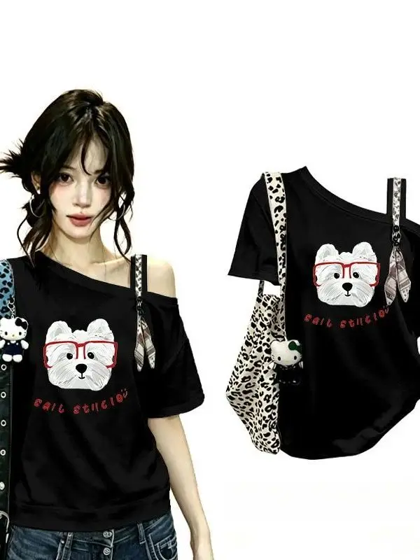 Korean Style Short Sleeve T-Shirt Women's Black Shoulder Bared Design Casual Loose Versatile Top Cartoon Dog Print Casual Sum...