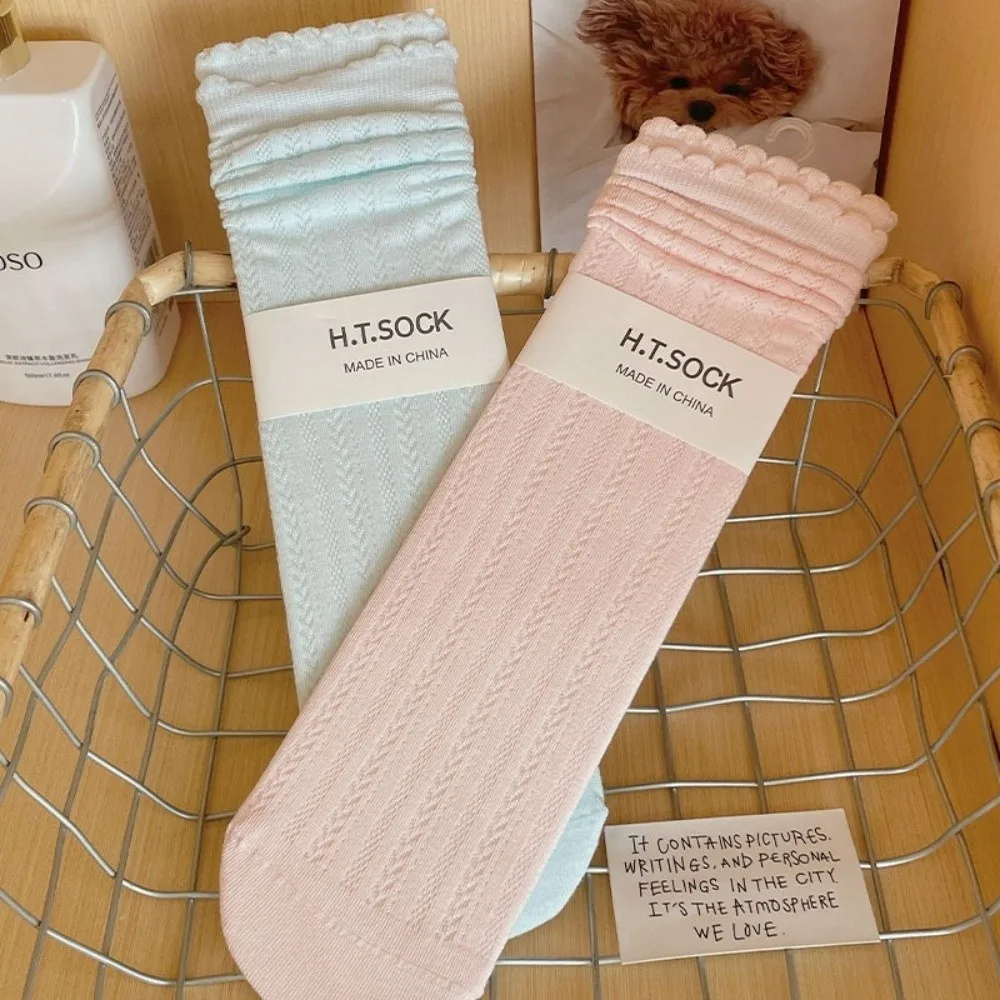 1Pair Sweet Ruffle Middle Tube Socks Mesh Solid Color Thin Socks Breathable Spring Summer Socks Women Girls