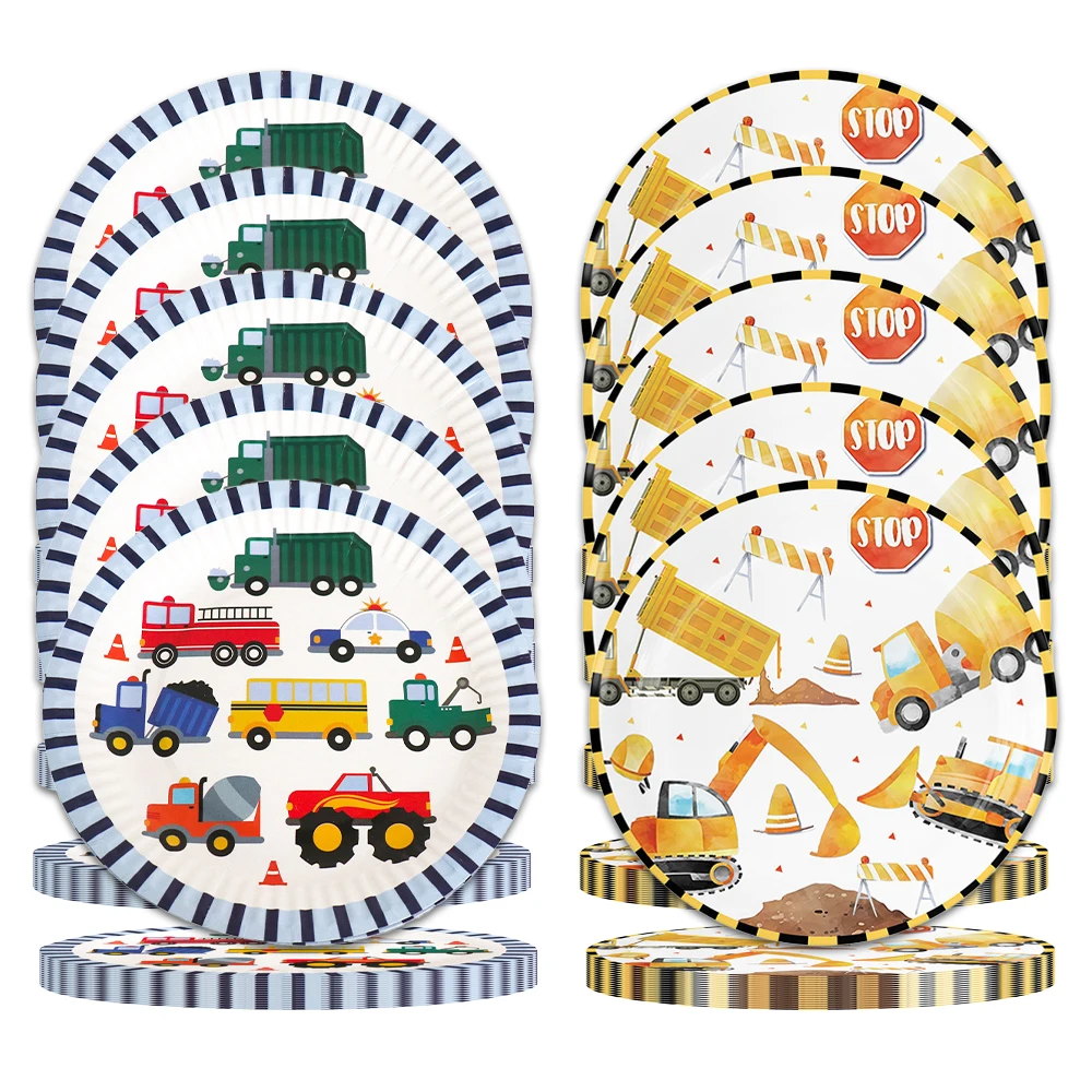 10pcs Construction Truck Party Paper Decoration Excavator Plates Disposable Plates Children's Birthday Decor Dinnerware Plates