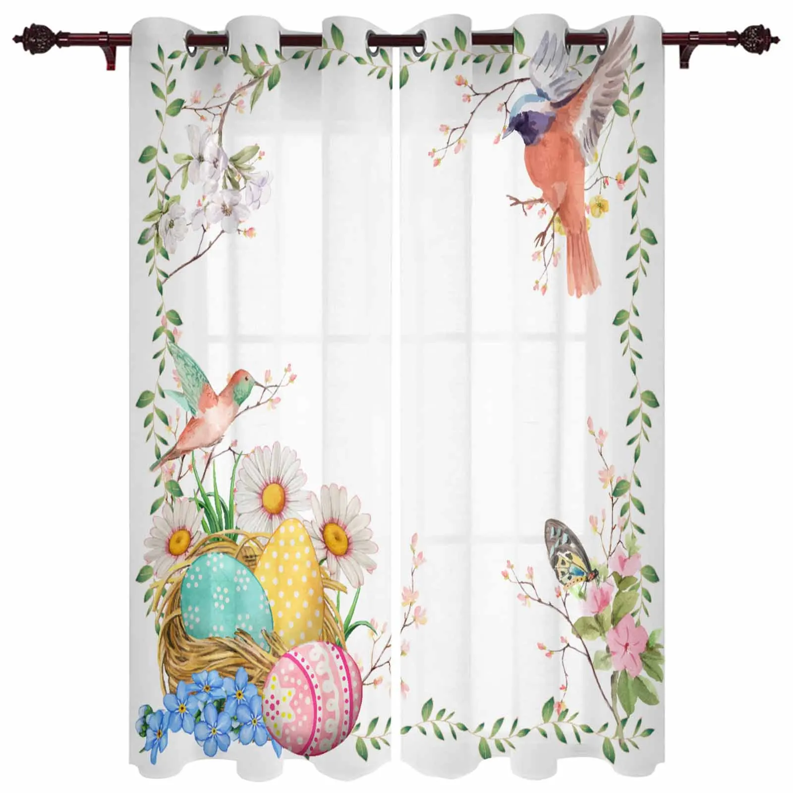 Bird Easter Eggs Plant Leaves Flowers Modern Hall Curtains for Living Room Bedroom Window Curtains Panels Drapes