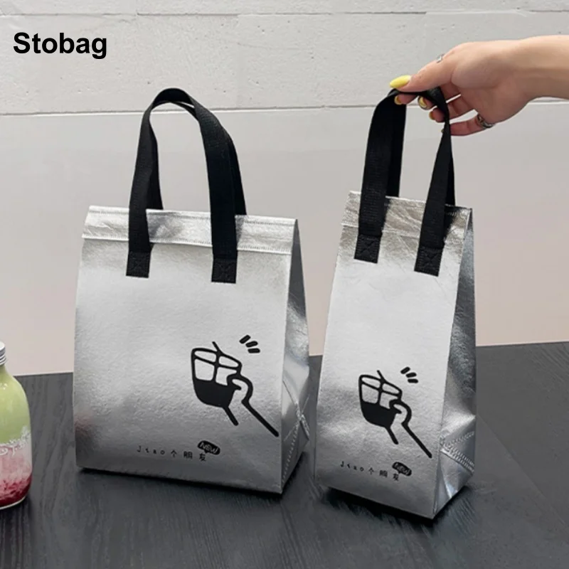 

StoBag 10pcs Sliver Non-woven Insulation Tote Bag Fabric for Bread Drink Food Packaging Keep Warm Cold Delivery Reusable Pouches