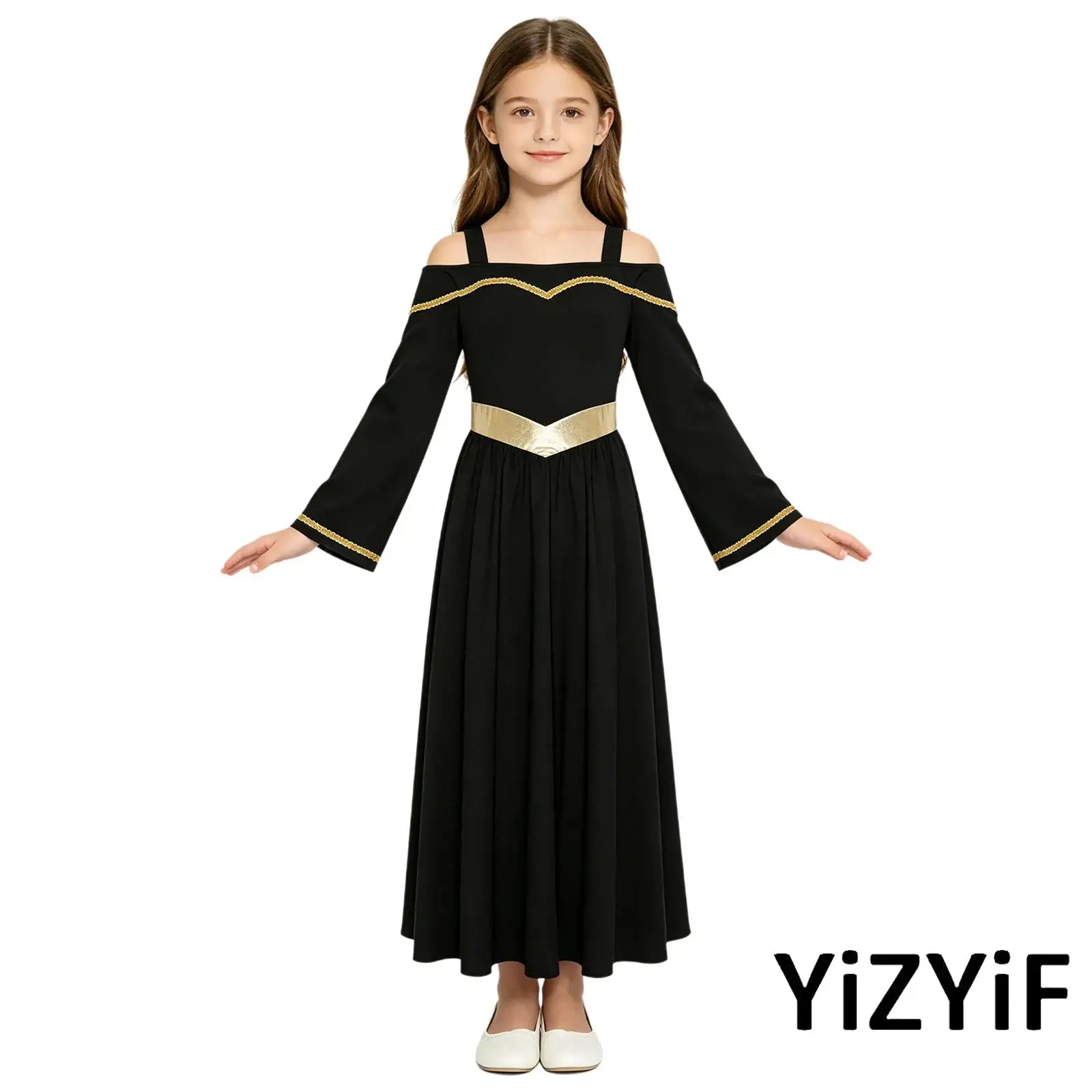

Kids Girls Angel Tunic Dress Long Sleeve Gold Trims Metallic Shiny Waist Maxi Dresses Church Worship Modern Dance Costume