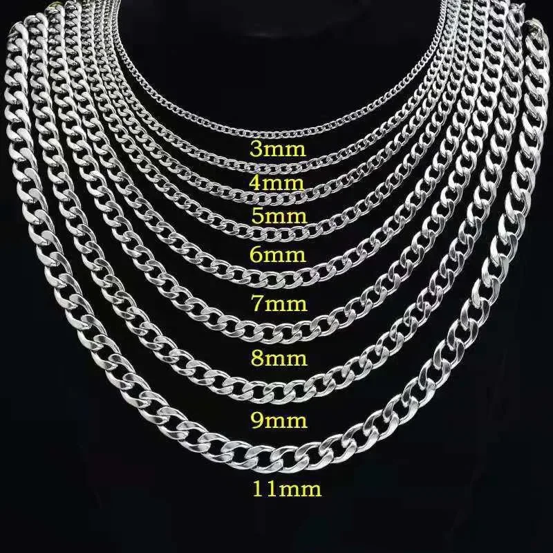 HIYEE 3MM-9MM Basic Punk Stainless Steel Cuban Curb Link Chain Necklace For Men 3 Color Male Neck Jewelry Accessories