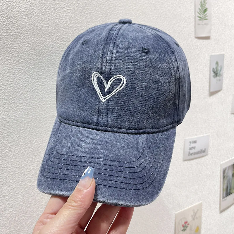 

Spring and summer hat women embroidery peach heart washed denim baseball cap casual Korean version thin couple soft top duck hat