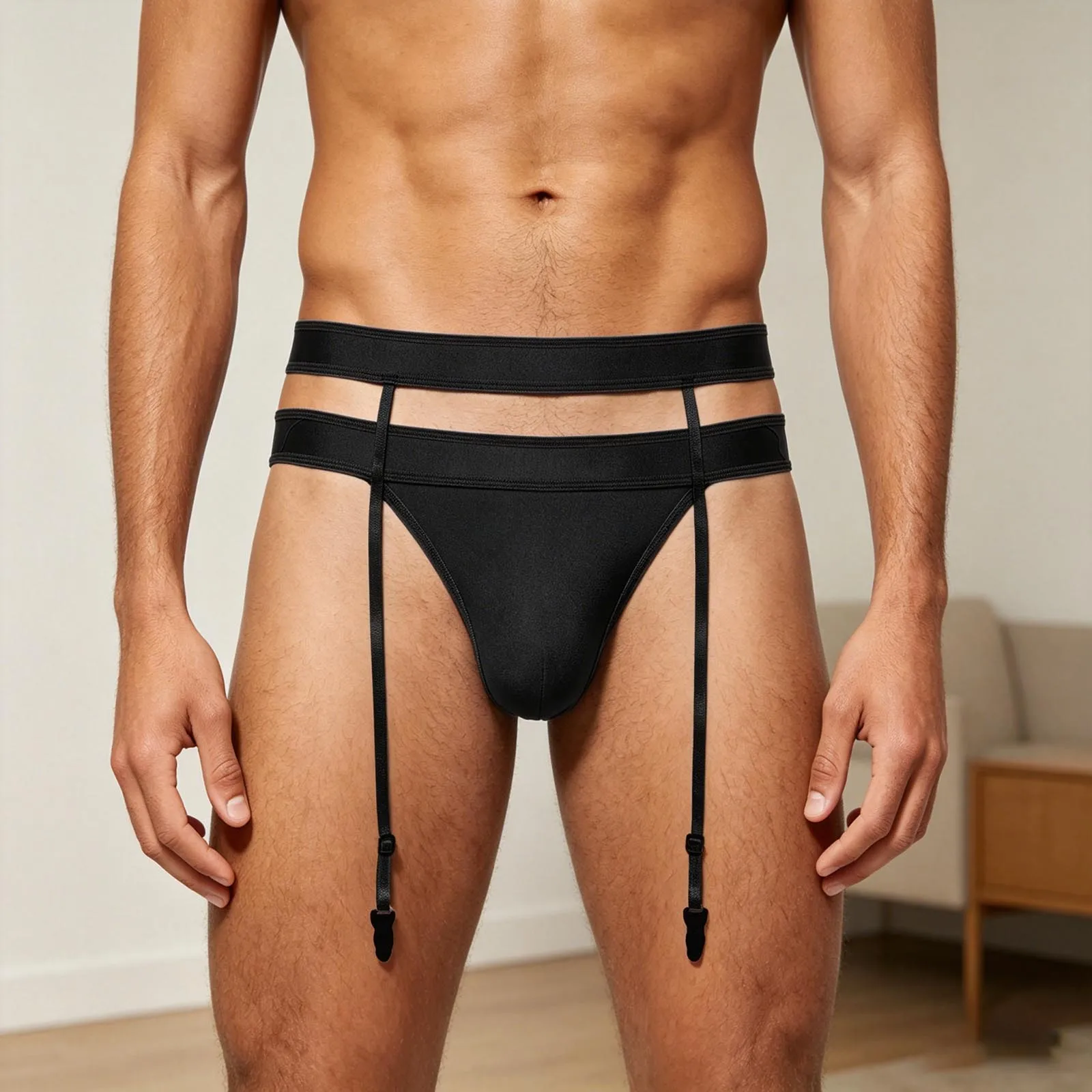 Men Bulge Pouch T-back G-string Thongs Briefs Jockstrap with Garter Belt Underwear Couple Game Nightclub Lingerie Nightwear