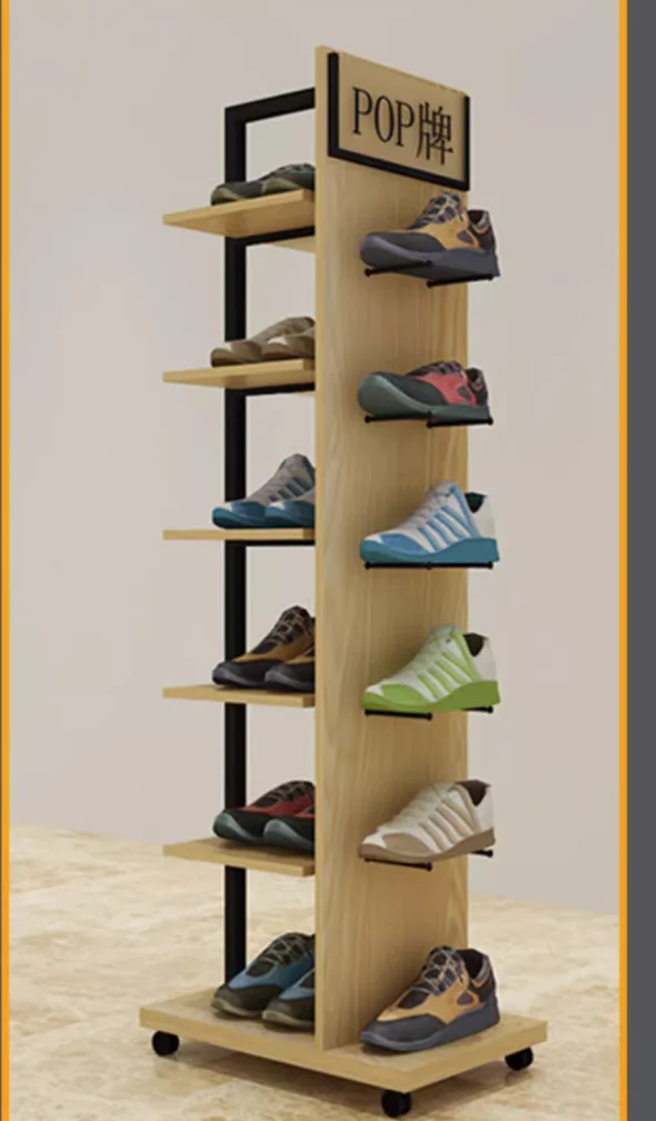 Multifunctional movable metal movable white display wood grain shelf simple shoe rack