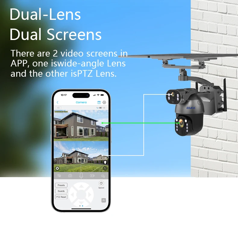 كاميرا ESOE 4G تعمل بالطاقة الشمسية خارجية لاسلكية واي فاي PTZ 360 °   مراقبة بعدسة مزدوجة للرؤية الليلية مع بطاقة SIM ونظام إنذار #3