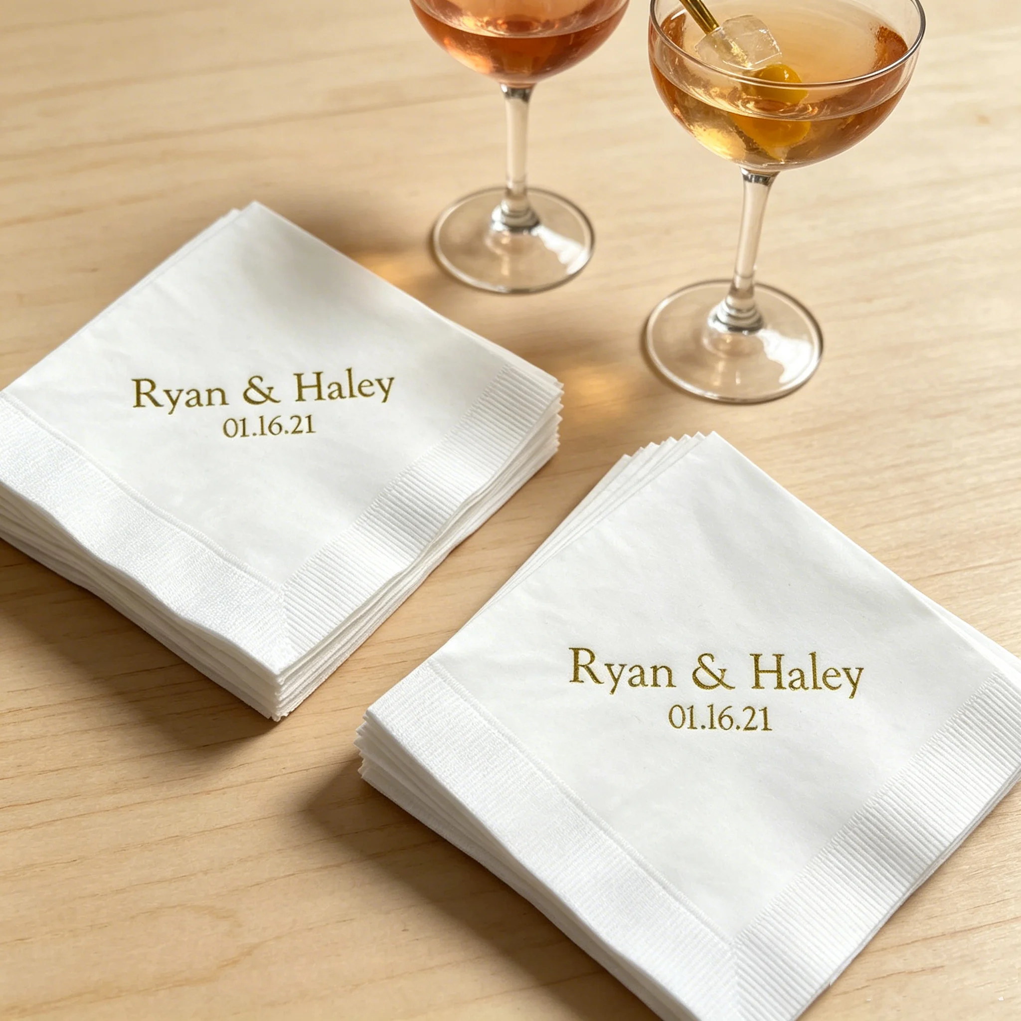 

50pcs Custom Gold Foil Wedding Cocktail Napkins, Personalized Names & Date Printed Disposable Paper Beverage Napkins for Bridal
