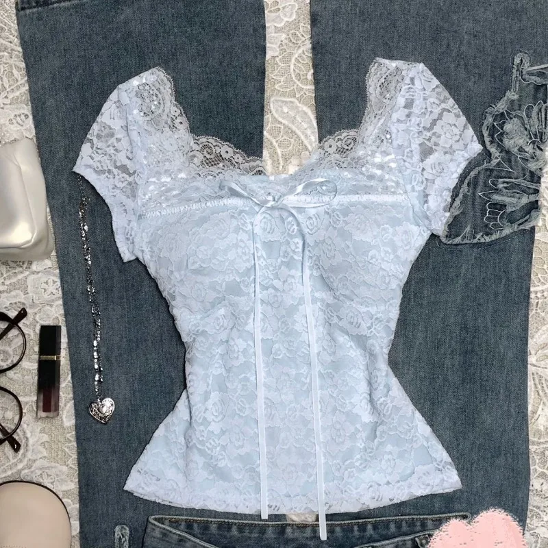 

French Sweet Popular Lace V Neck Short Sleeve Women T Shirt Y2k Aesthetic Harajuku Bow Appliques Punk Tops Summer Casual Clothes
