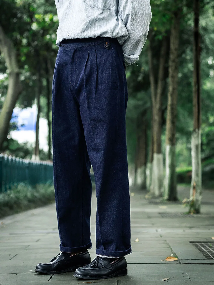POT&CRAFTSMAN autumn vintage workwear washed blue jeans loose straight leg pants wide leg pants organ button Gurkha pants