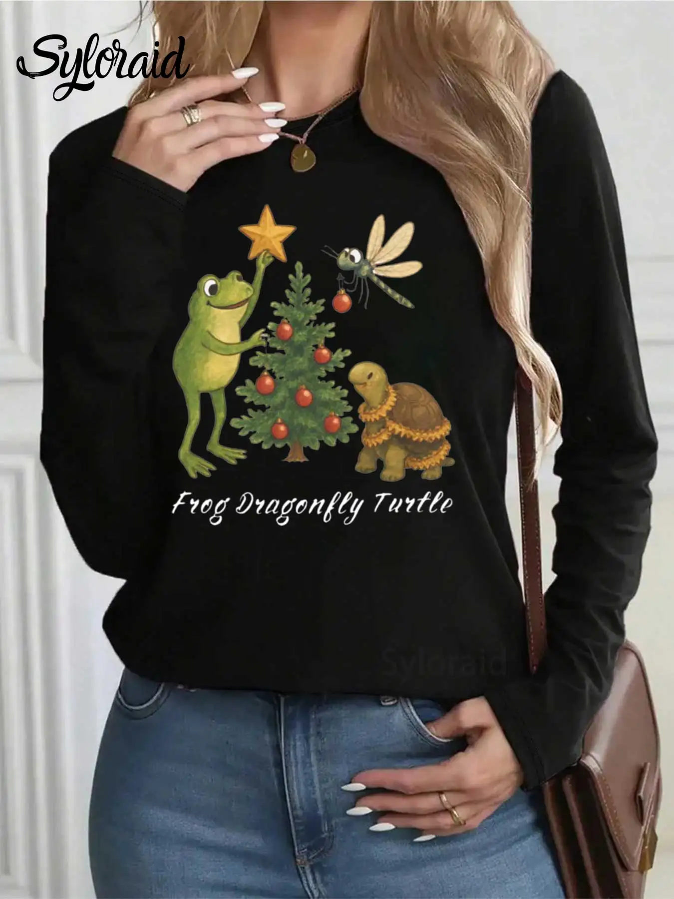 تي شيرت نسائي بأكمام طويلة، تي شيرت FDT مطبوع عليه عيد الميلاد، قميص كاجوال برقبة دائرية لجميع المواسم