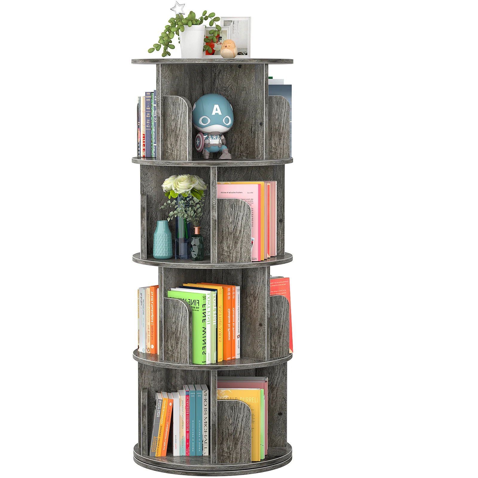 360-Degree Rotating Bookshelf 4-Tier Wooden Floor Standing Bookcase Storage Rack for Home Office Workshop Kids Room