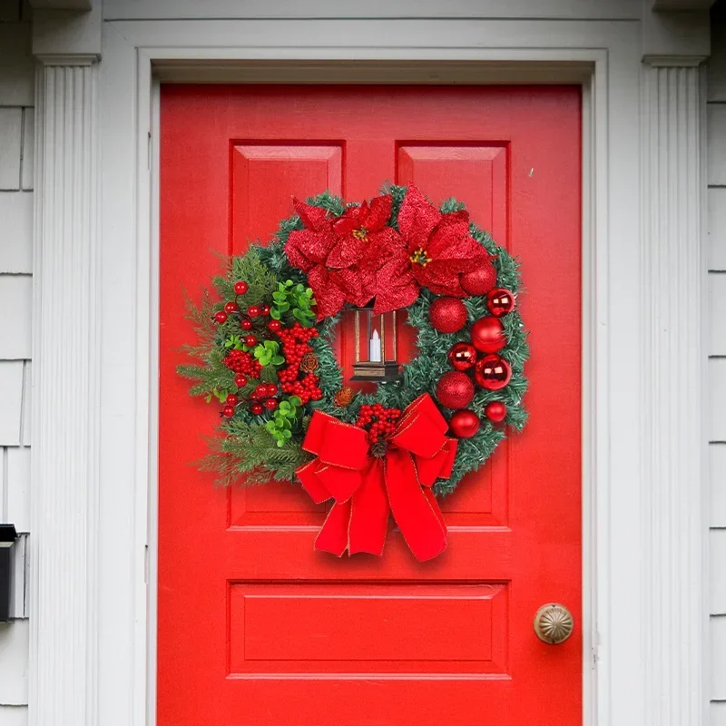 Decorazioni natalizie ghirlanda lampada a olio di natale con fiore rosso decorazione della porta d\'ingresso della casa scena ghirlanda di natale