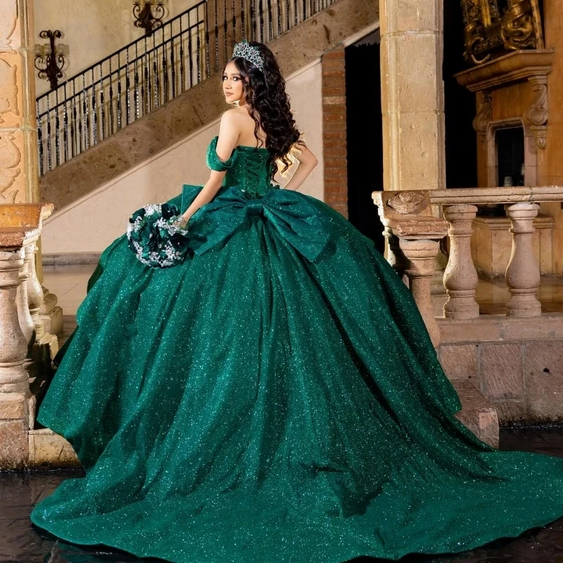 Luxury Emerald Green Ball Gown Quinceanera Dresses Shiny Applique Lace Tull Bridal Gown Party Bride Dresses Vestidos 15 De Novia