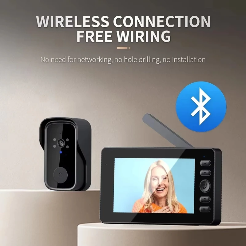 Sonnette vidéo sans fil avec écran de 4.3 pouces, interphone bidirectionnel, Vision nocturne grand Angle HD, interphone vidéo de Surveillance étanche