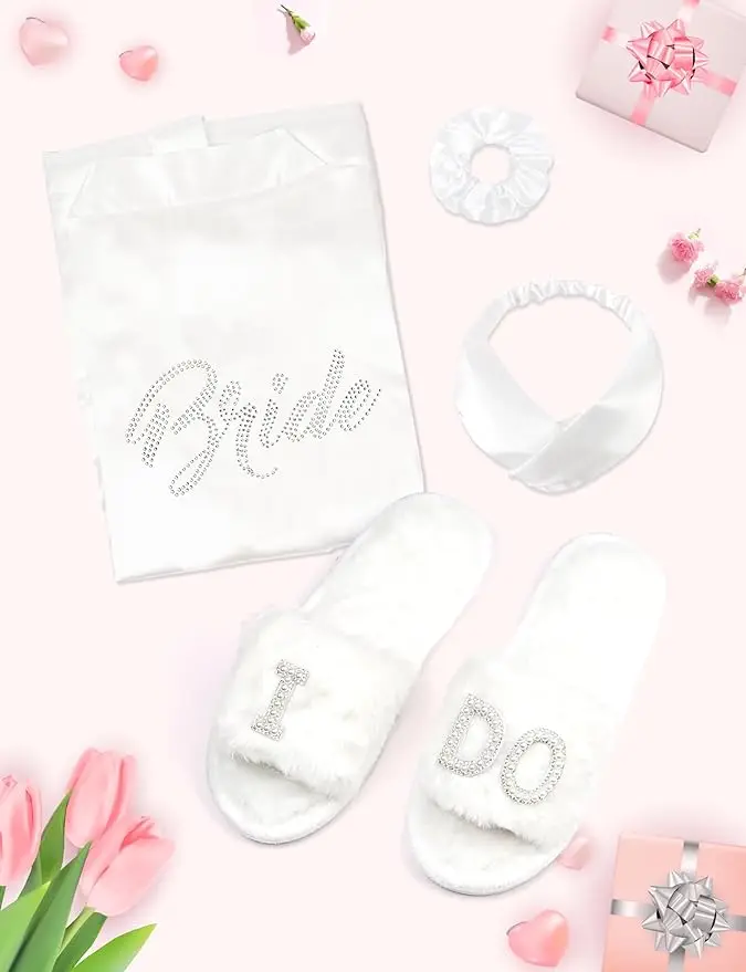 Bride Robe for Wedding Day Set with Slippers Bridal Robes Satin Robes Wedding Bachelorette Party Bridal Shower Gifts