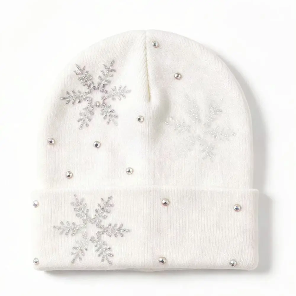 Winter Warm Knitted Beanie Hat Women Snowflake Rhinestone Decor Soft Elastic Casual Fashionable Windproof Headgear