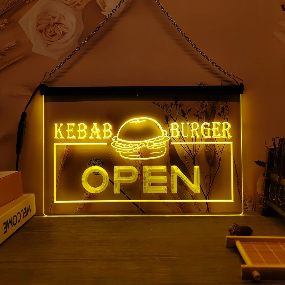 OPEN Kebab Burger Cafe Fast Food LED-Neonschild, 3D-Schnitzwandkunst für Zuhause, Zimmer, Schlafzimmer, Büro, Bauernhaus-Dekoration