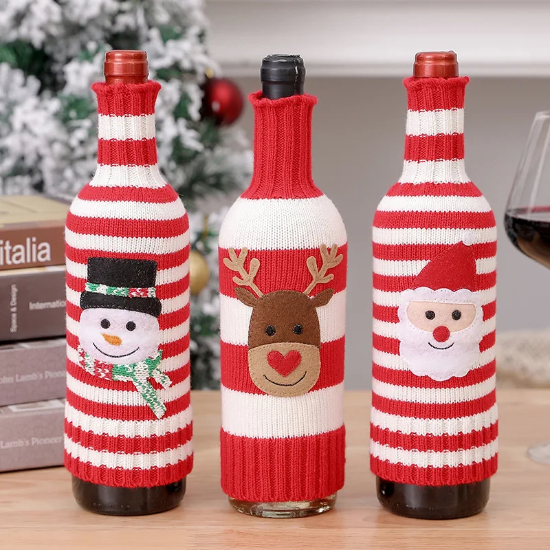 Christmas Wine Bottle Cover Decor Handmade Knit Cute Santa Claus Wine Cup Dress Bags Reusable Xmas Home New Year Decoration Gift