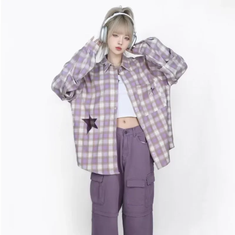 

Star Hole Plaid Long Sleeve Shirts Women American High Street Versatile New Trendy Patchwork Autumn Loose Prevalent Couple Tops