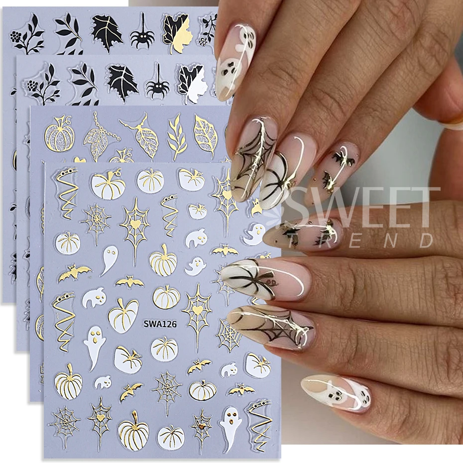 Autocollants pour ongles Halloween 3D en métal, toile d'araignée d'amour fantôme citrouille feuille d'érable, décalcomanies auto-adhésives pour décoration de manucure à faire soi-même, 4 pièces