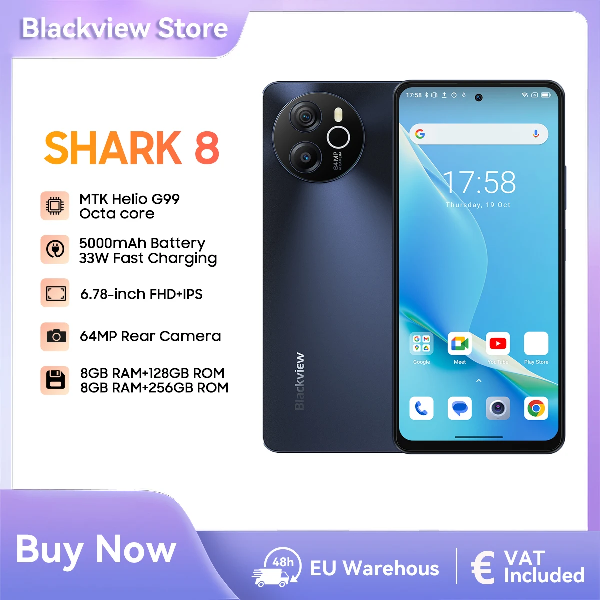 Blackview SHARK 8 Smartphone Android13 G99 Mobile Phone 6.78'' 120Hz 2.4K Display 8GB+8GB RAM, 128GB/256GB ROM 64MP Cellphone