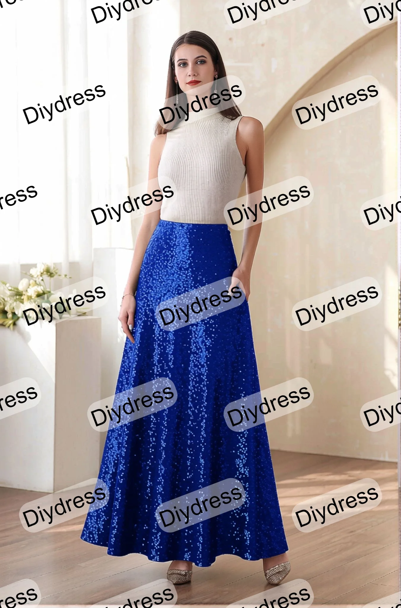 Women’s Wedding Long Sequin Bridesmaid Dress A-Line Floor Length Maxi Sequin Prom Party Skirts With Pockets For Evening Gown